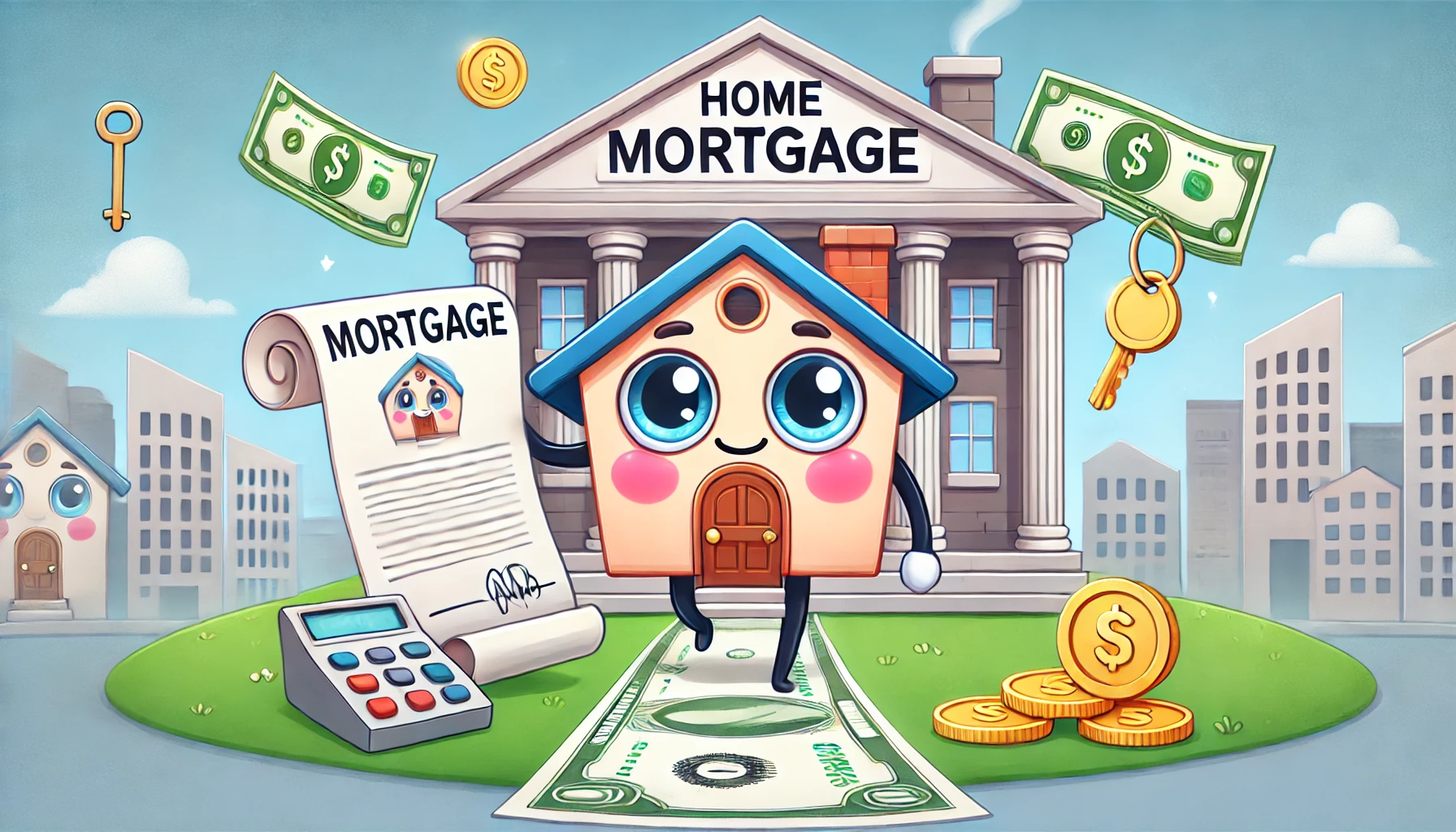 A cartoon-style illustration depicting the concept of a home mortgage. A smiling house character with a door and windows as its face is holding a larg